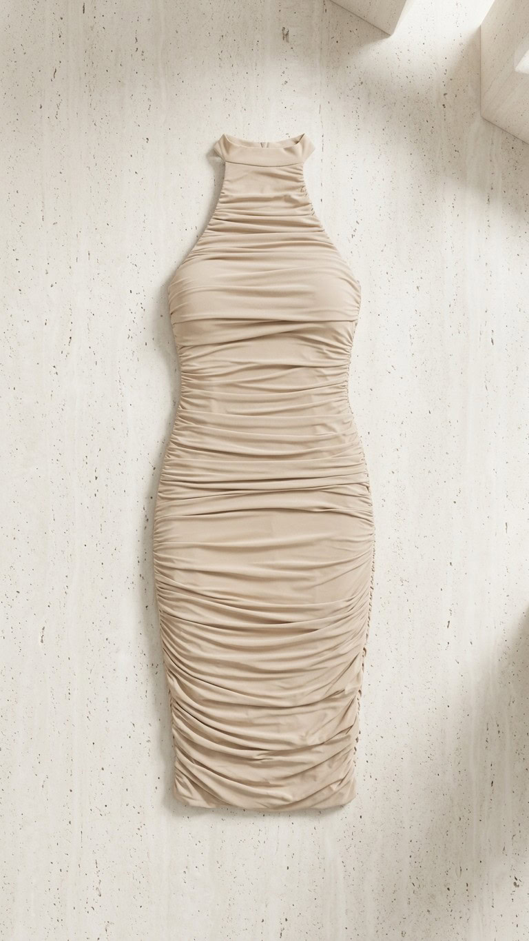 Vestido midi beige elegante fruncido | Stylicious packshot