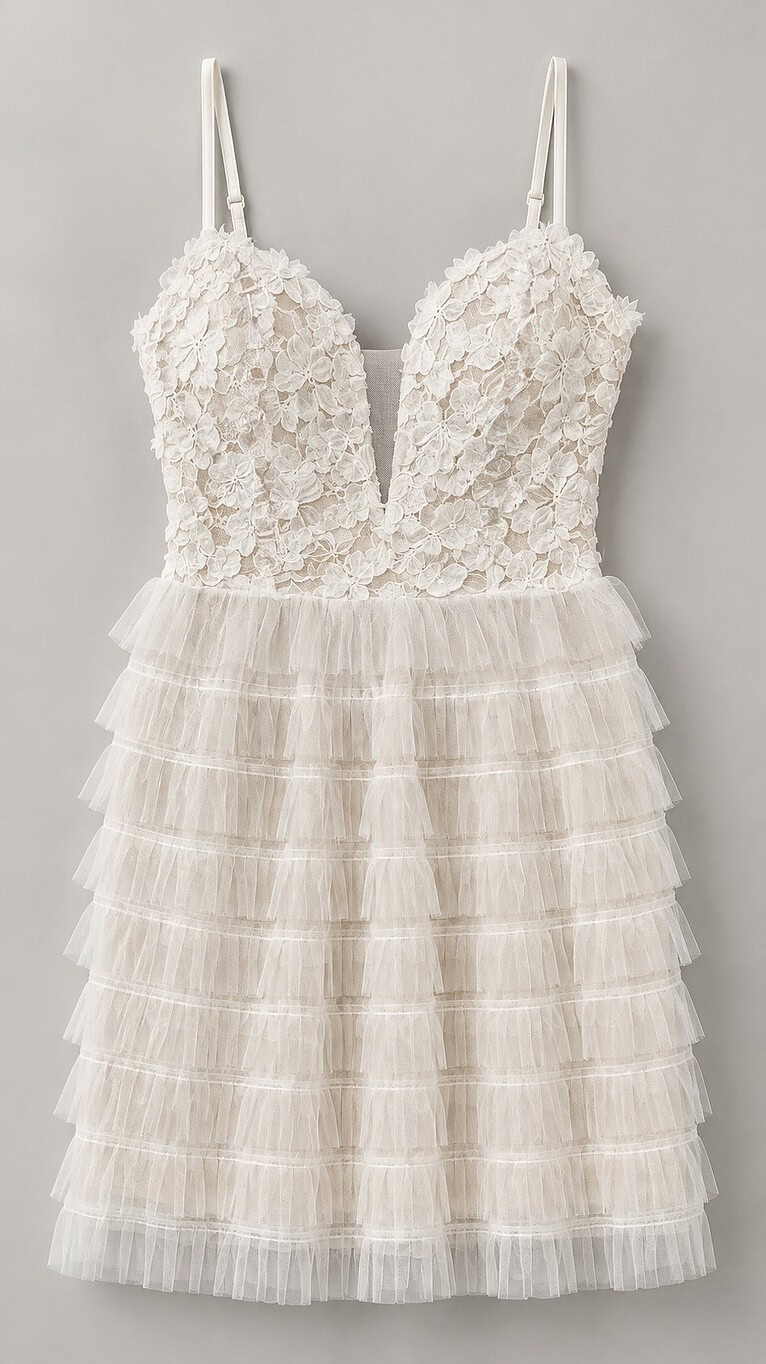 Vestido de tul blanco con encaje floral, packshot de estudio