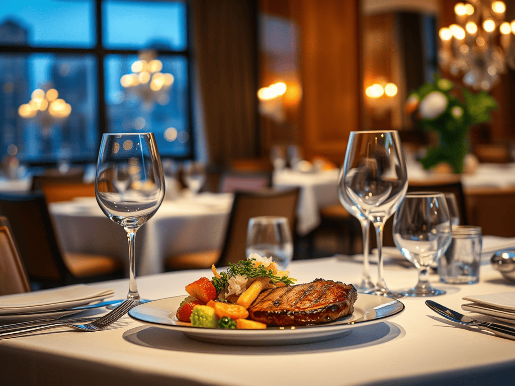 Orlando Hotel restaurant table with a steak dinner and glassware for fine dining experience.