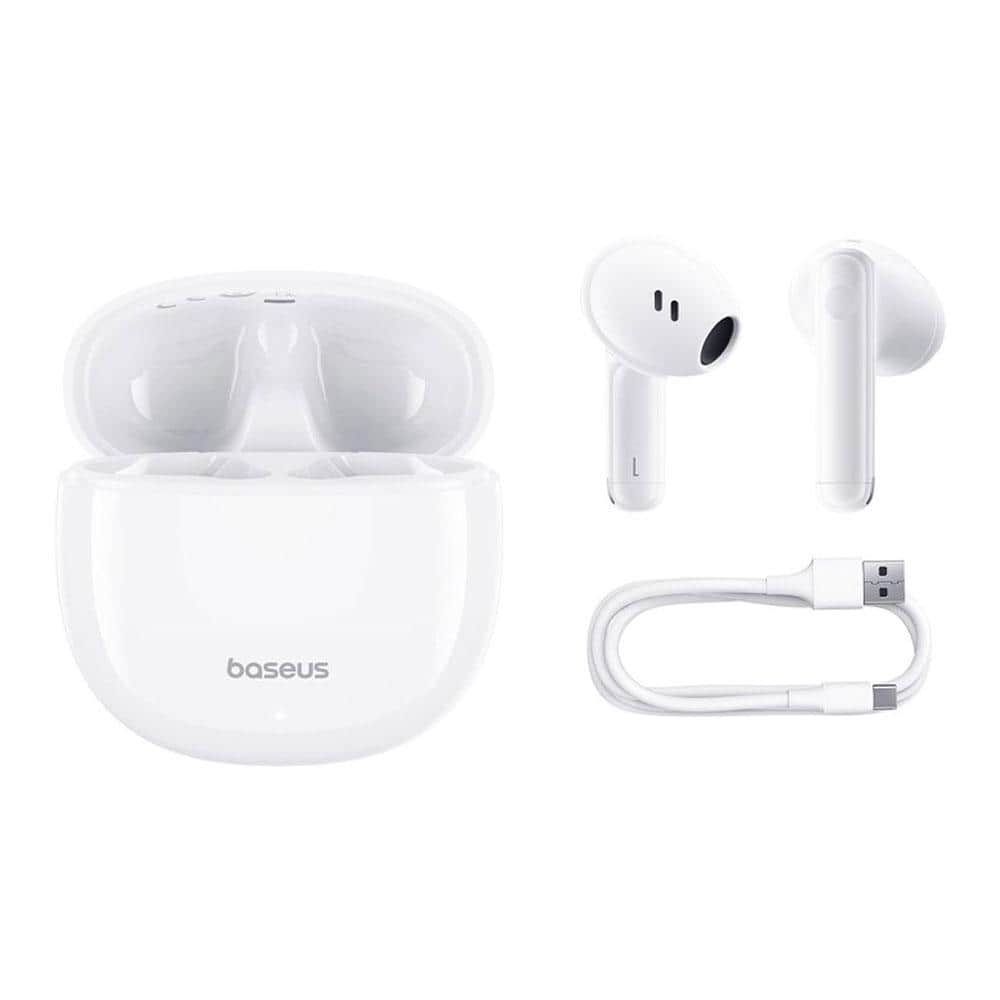 Ακουστικά True Wireless σε άσπρο χρώμα με θήκη φόρτισης και πρωτότυπο σχεδιασμό.