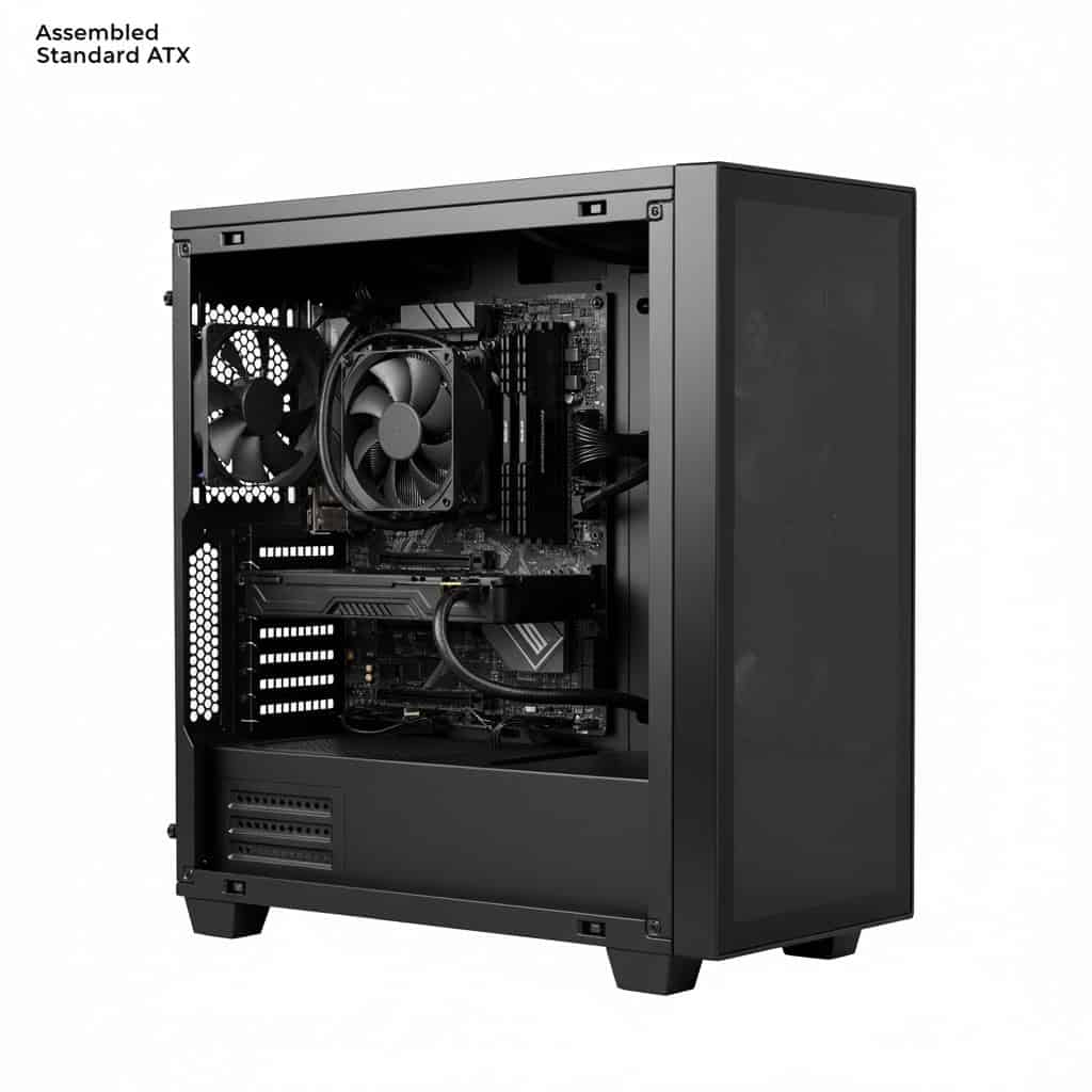 Ηλεκτρονικός υπολογιστής ATX με εσωτερικό σύστημα και αερόψυξη, ιδανικός για εργασία και gaming.