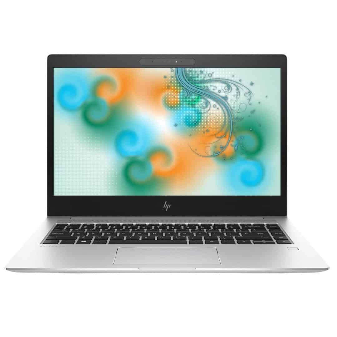 Γυαλιστερός φορητός υπολογιστής HP με οθόνη πολύχρωμου γραφικού σχεδίου, ανοιχτός.
