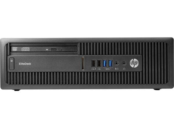 Επιτραπέζιος υπολογιστής HP EliteDesk με USB, DVD, ηχεία και θήκη εργασίας.