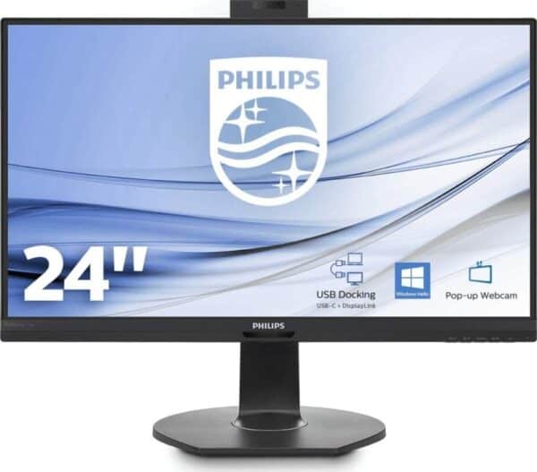 Οθόνη Philips 24'' με USB docking και webcam, ιδανική για εργασία και ψυχαγωγία.