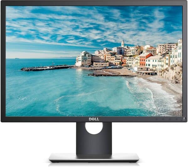 Οθόνη Dell με όμορφη παραλία και πολυκατοικίες, ιδανική για εργασία και ψυχαγωγία.