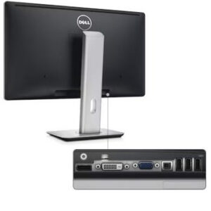 Πληροφοριακή οθόνη υπολογιστή Dell με θήκη και θύρες σύνδεσης.