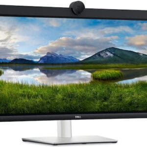 Οθόνη υπολογιστή Dell με ορεινό τοπίο και πράσινες πεδιάδες σε χαμηλή φωτισμένη σκηνή.