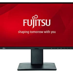 Fujitsu οθόνη υπολογιστή με κόκκινο φόντο, ιδανική για εργασία και gaming.