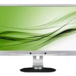 Οθόνη υπολογιστή Philips με πράσινο φόντο και λεία γραμμικά σχέδια, ιδανική για γραφίστες και gamers.