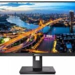 Οθόνη υπολογιστή Philips με εντυπωσιακή εικόνα πόλης και γεφυρών τη νύχτα, ιδανική για εργασία και ψυχαγωγία.