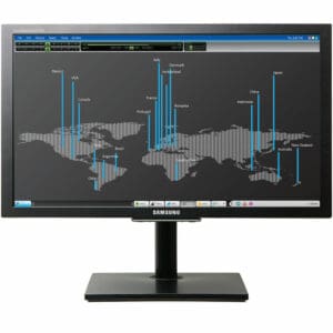 Οθόνη υπολογιστή Samsung με χάρτη παγκόσμιων δεδομένων σε γραφήματα.