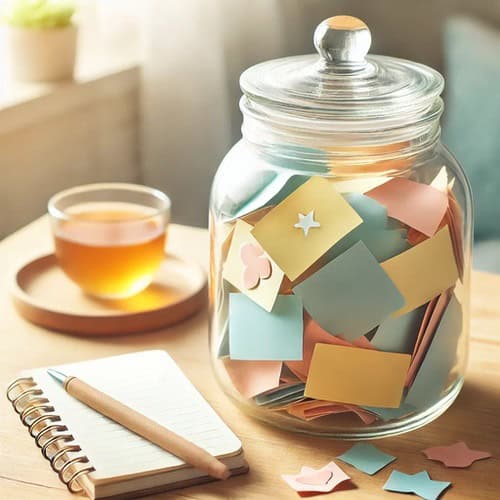 A jar full of blue, yellow and light orange notes sat on a desk next to a cup of tea and a journal. The jar is full of positive quotes for positivity jar taken from this post