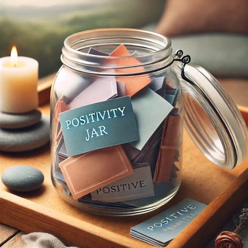 A positivity jar full of blue and pink notes that make use of our positive words to put in a jar ideas