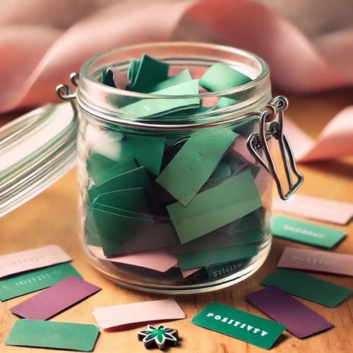 A positivity jar full of green and pink notes that make use of our positive words to put in a jar ideas