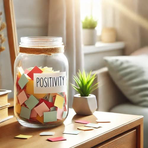 A positivity jar on a coffee table full of colourful notes that use our positivity jar ideas in this post