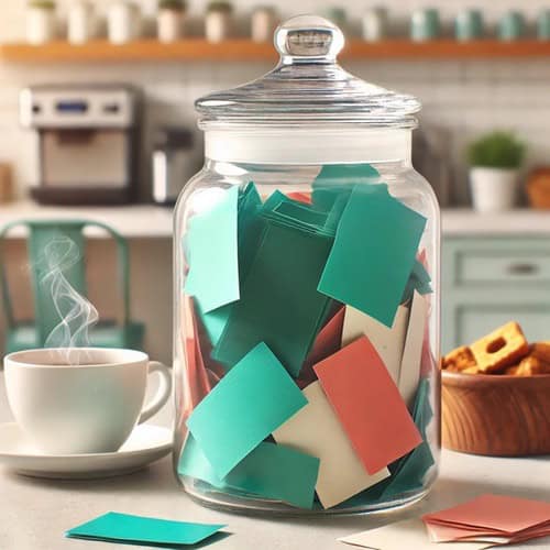 A jar in a workplace break room, full of green, white and pink notes being used as a positivity jar for work