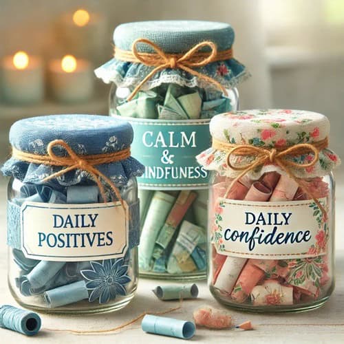 Three glass jars with fabric lids and twine bows, including a jar of positive affirmations labeled daily positives, calm & mindfulness, and daily confidence, each filled with rolled-up notes, sit on a table with blurred candles in the background.