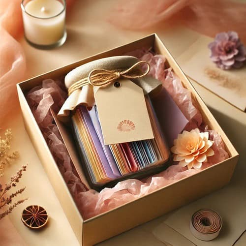 A gift box featuring a jar of positive affirmations filled with colorful notes, wrapped with twine and a blank tag, surrounded by pink tissue paper, a candle, and decorative paper flowers on a beige surface.