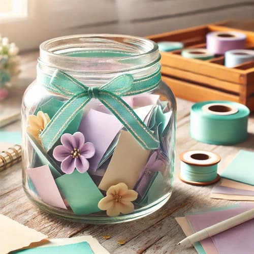 A jar of positive affirmations filled with pastel-colored paper notes, decorated with a teal ribbon and flower embellishments, sits on a table surrounded by craft supplies and spools of ribbon.