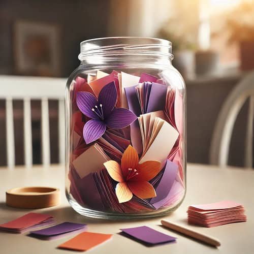 A jar of positivity notes, full of blue, pink and purple notes. The jar is on a desk with flowers and a window nearby