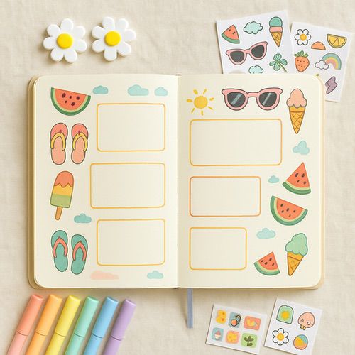 An open notebook with rectangular boxes on both pages, decorated with summer-themed stickers like watermelon, ice cream, flip-flops, and sun—perfect for jotting down journaling prompts for summer with pastel markers and fun stickers scattered around.