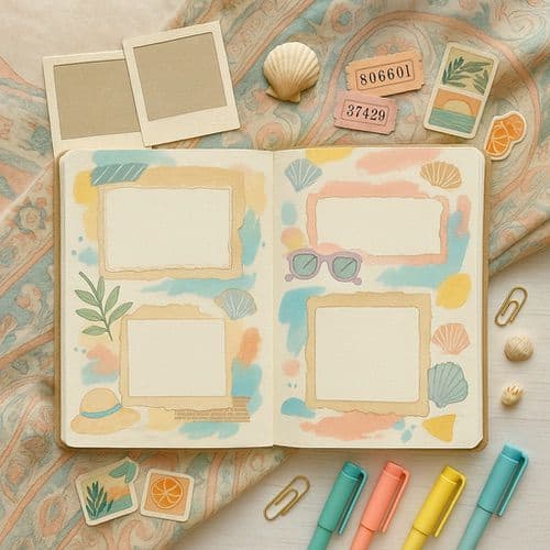 A scrapbook with pastel-colored frames, shells, leaves, sunglasses, and summer-themed doodles—plus journaling prompts for summer—surrounded by markers, paper clips, seashells, tickets, and blank polaroids on a patterned cloth background.