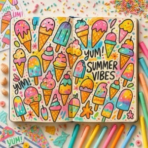 Colorful doodles of ice cream cones and popsicles fill an open notebook, capturing the joy of summer art journaling. Yum! And summer vibes pop in bold letters amid bright markers, candy, and sprinkles on a vibrant surface.