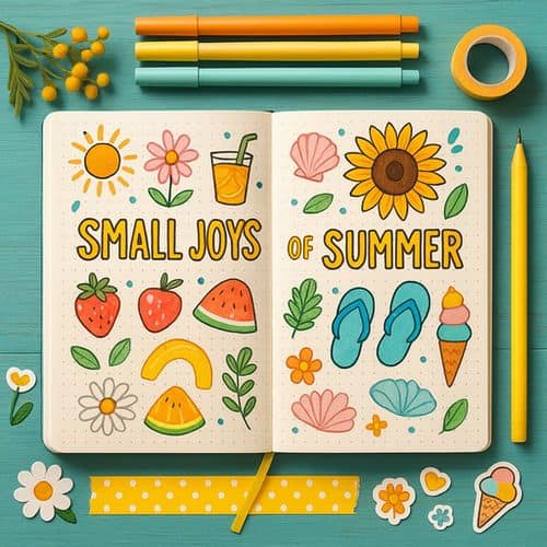 A bullet journal layout ready to start discovering our summer journal topics. Across the page 'small joys of summer' is written in big yellow writing and this is surrounded by doodles of summer items like flip flops, strawberries, ice creams and flowers