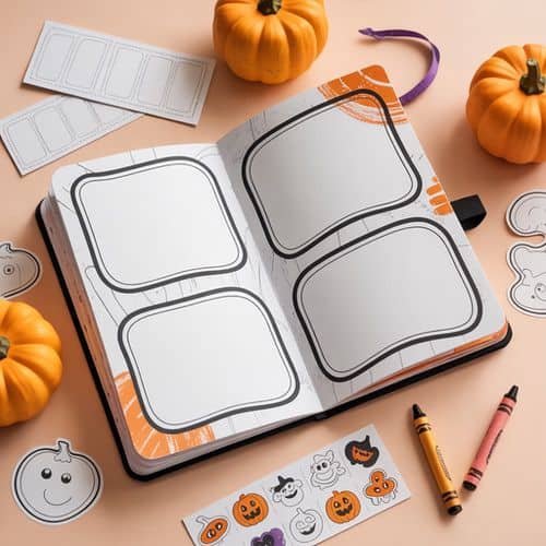 An open notebook with blank pumpkin-themed frames offers perfect halloween journal ideas, surrounded by small pumpkins, crayons, stickers, and cut-out paper shapes with halloween designs on a peach-colored surface.