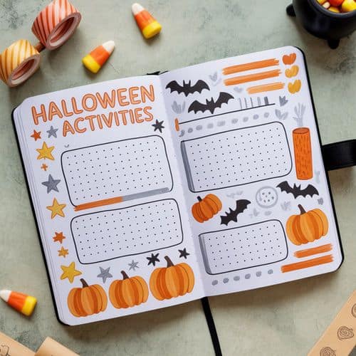 An open journal displays a halloween-themed activities spread with doodles of pumpkins, bats, stars, and candy corn—perfect for halloween journal ideas for kids. Four blank dotted boxes await your creativity. Washi tape and candy corn pieces are nearby.