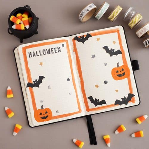 An open notebook decorated for halloween with orange borders, black bats, jack-o’-lanterns, and “halloween” on one page—perfect for halloween journal ideas for kids. Candy corn, washi tape, and a black cauldron of treats surround it.