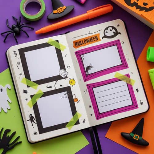 An open halloween-themed scrapbook with empty photo frames, colorful tape, and doodles of ghosts and spiders offers fun halloween journal ideas for teens. Witch hats, a spider, and a ghost decorate the purple surface around it.