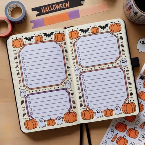 Open notebook featuring four halloween journal pages with checklists decorated with pumpkins, bats, and ghosts. Halloween stickers and rolls of washi tape surround the notebook, topped with a bold halloween label.