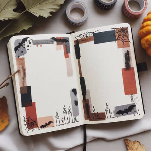An open journal decorated with halloween journal prompts, washi tape, hand-drawn bats, cobwebs, and candles. Autumn leaves, pumpkins, and rolls of washi tape are arranged around it on a white surface.