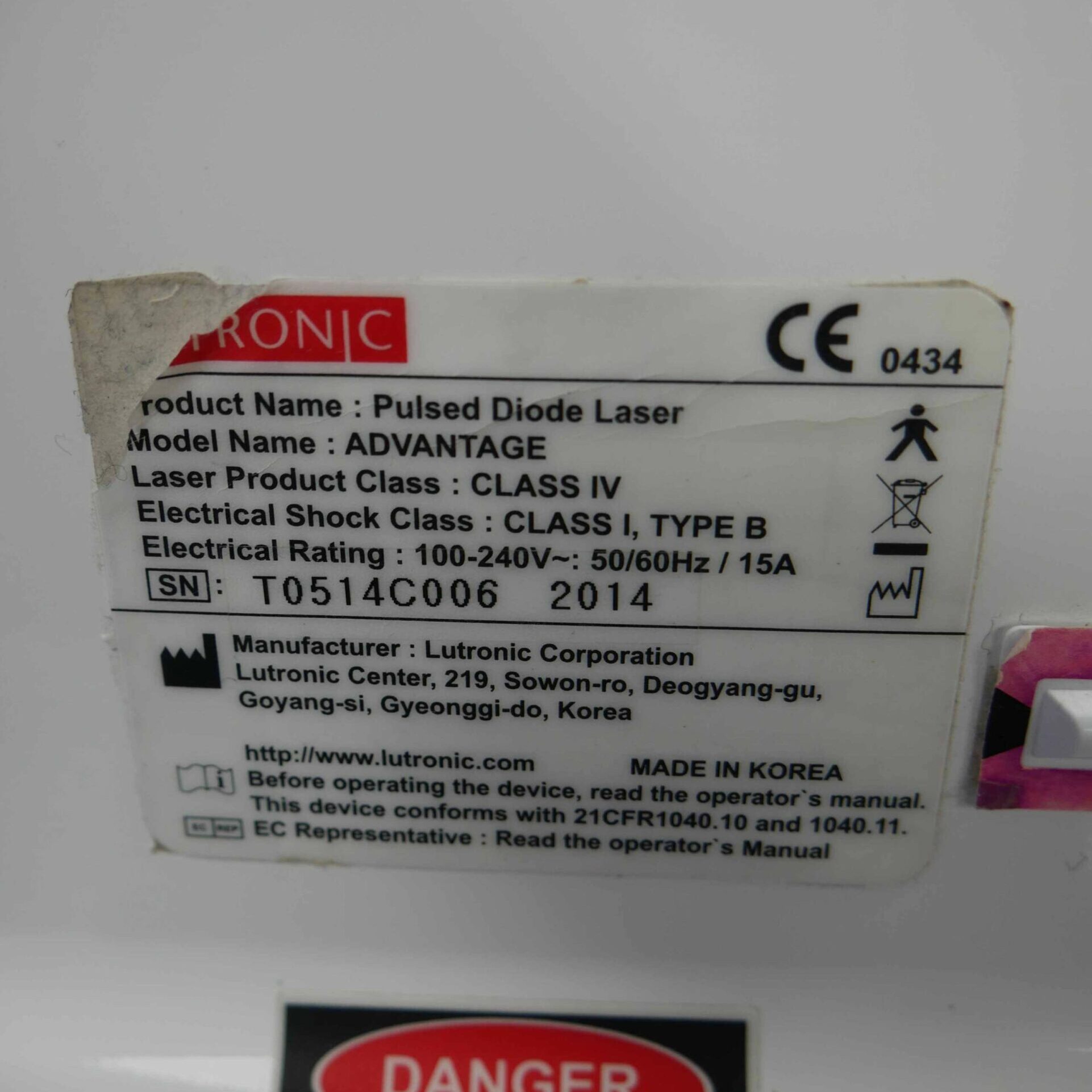 Lutronic Advantage Laser Serial Number Label