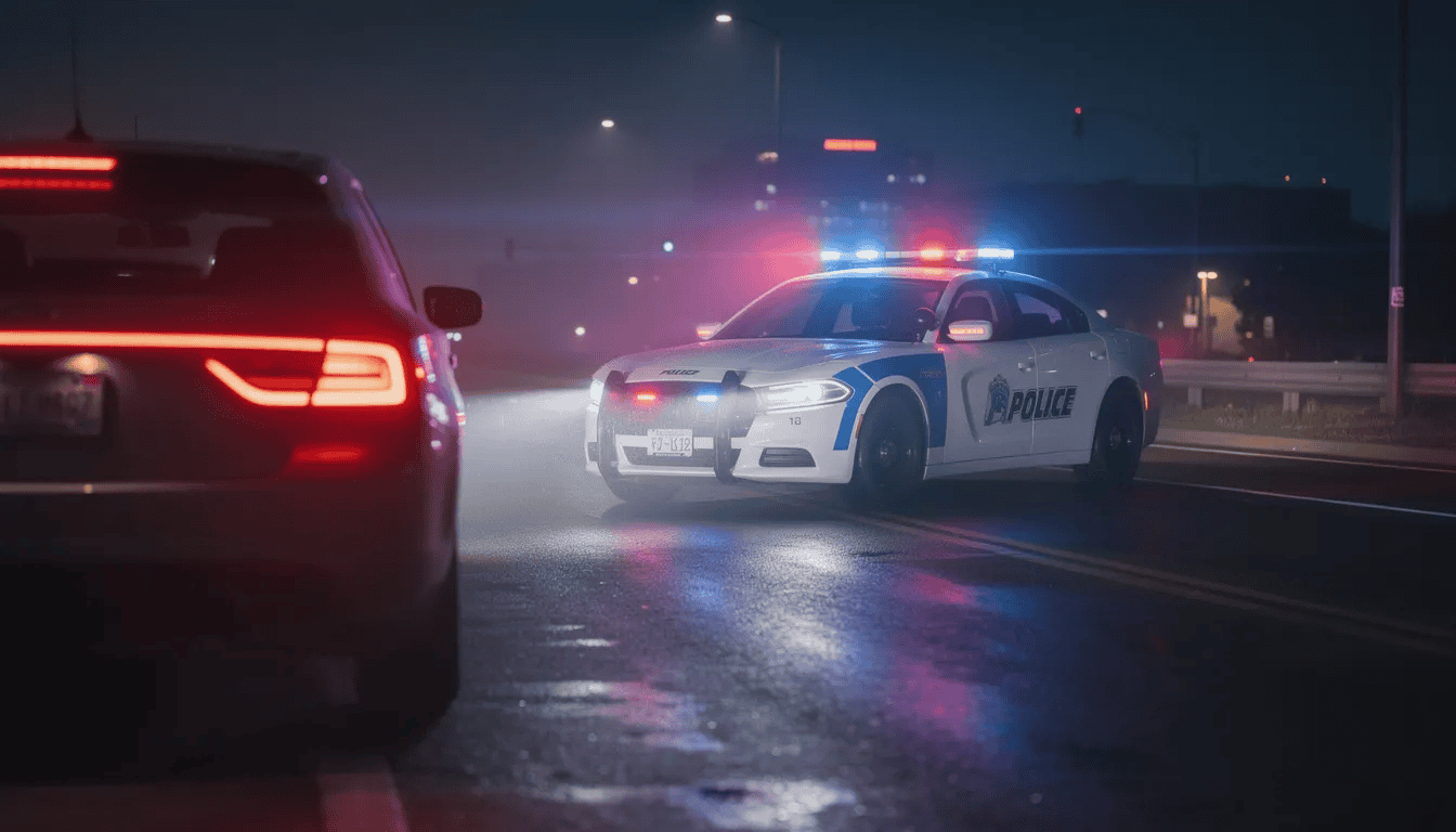 The image shows a police car with flashing lights behind a stopped vehicle, symbolizing traffic stops related to unpaid tickets or court appearances.