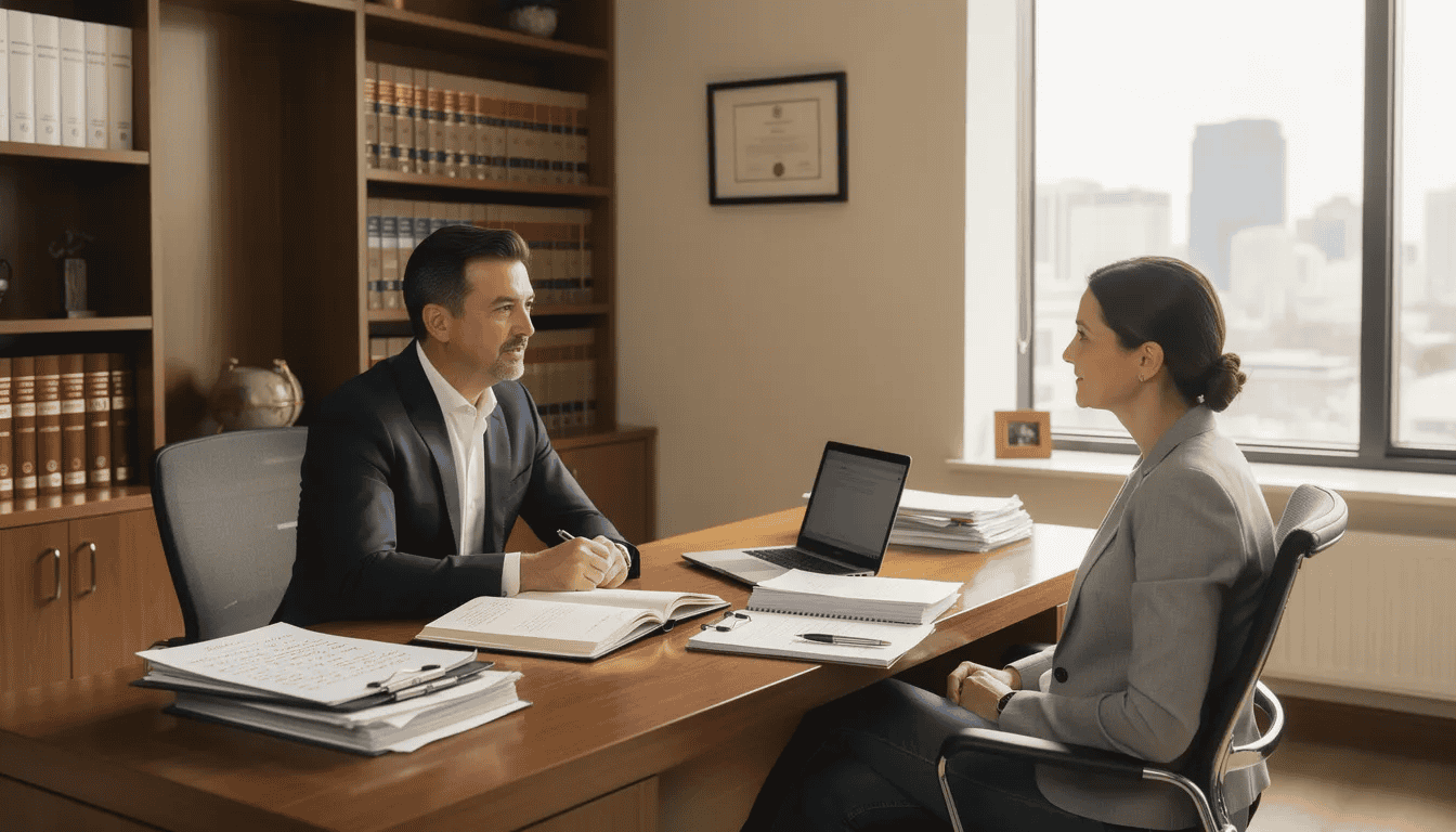 An attorney is meeting with a client in a professional office setting, discussing legal matters related to a summary appeal. The office is well-organized, with legal books and documents visible, emphasizing the importance of submitting proper paperwork for court processes.