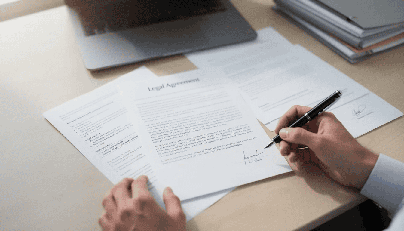 The image shows a pair of hands reviewing legal paperwork on a desk, accompanied by a pen, highlighting the importance of submitting proper paperwork for a summary appeal in a district court. This scene emphasizes the meticulous nature of handling legal documents, such as appeal forms and filing fees, in the judicial process.