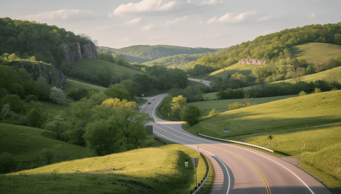 The image shows a winding highway in Pennsylvania surrounded by green hills, creating a peaceful scene that contrasts with the stress of dealing with traffic tickets, court appearances, and fines.