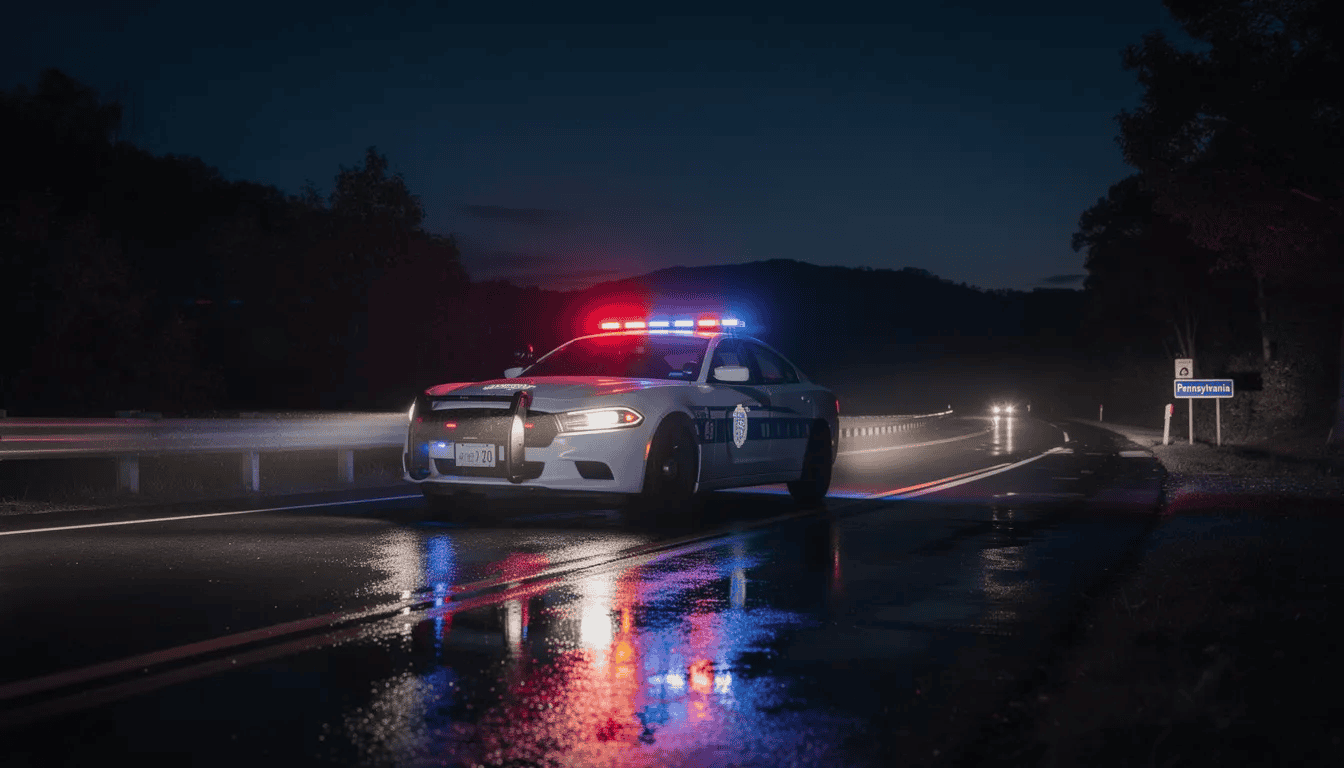 A police patrol car from the Lancaster County Sheriff's Office is parked on a Pennsylvania road at night, its emergency lights flashing brightly. The scene suggests a potential DUI enforcement situation, highlighting the law's focus on driving under the influence in Lancaster County.