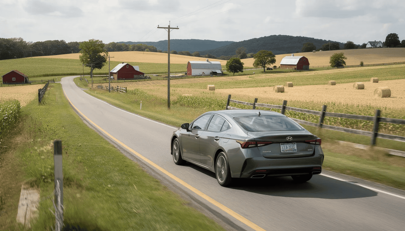A car is driving along a rural Pennsylvania road, surrounded by lush farmland and open fields in the background. This scenic view highlights the peaceful countryside, which contrasts with the potential complexities of limited tort insurance and full tort coverage in Pennsylvania law regarding automobile accidents.