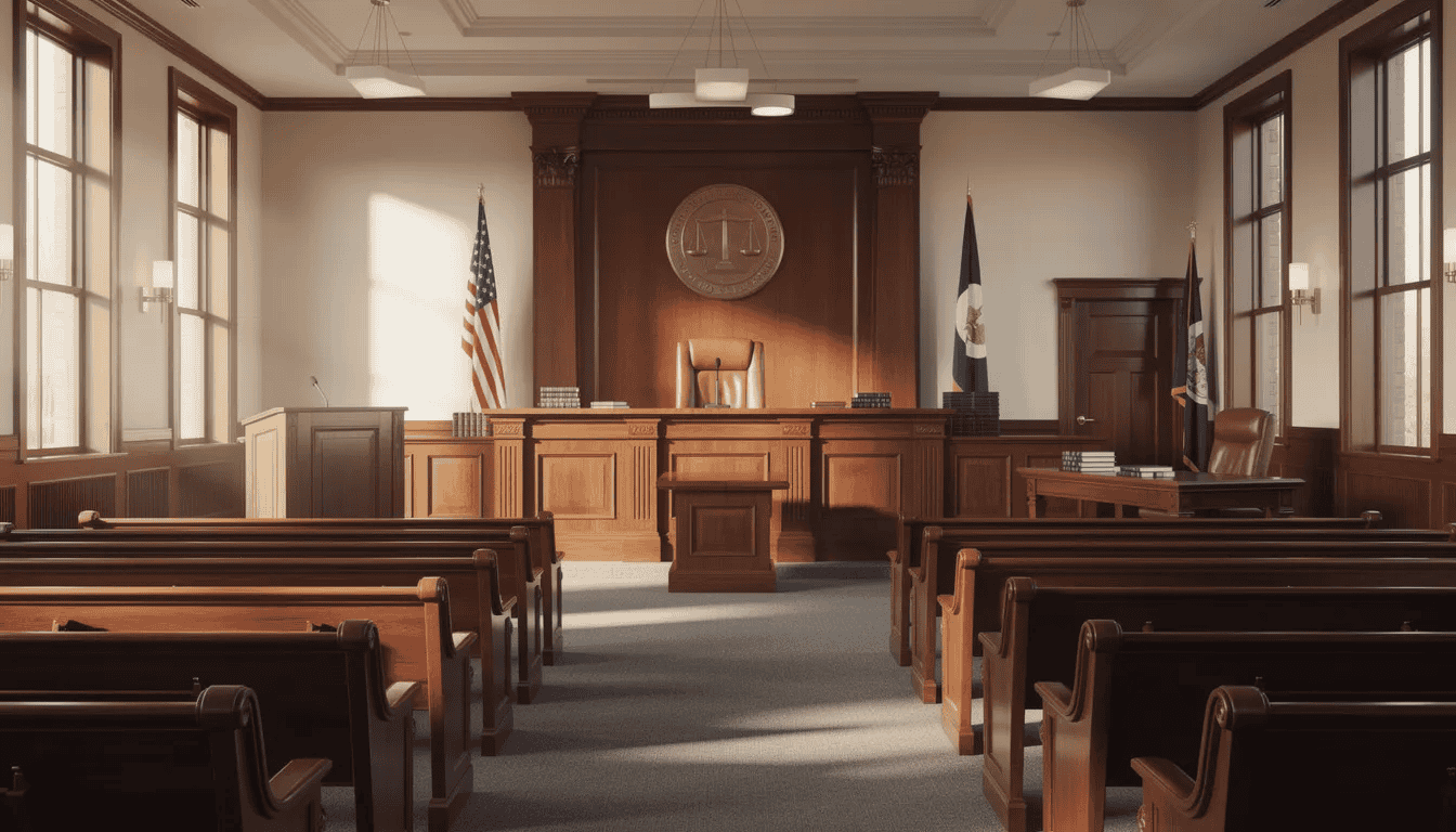 The image shows an empty courtroom with wooden benches and a judge’s bench, representing court appearances for traffic tickets and other offenses.