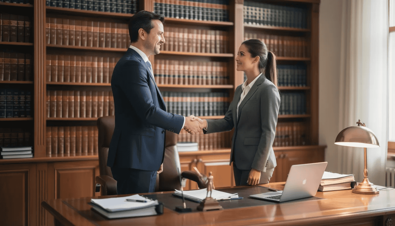 Image of two professionals shaking hands in a law office, showing the importance of good legal help in DUI cases.