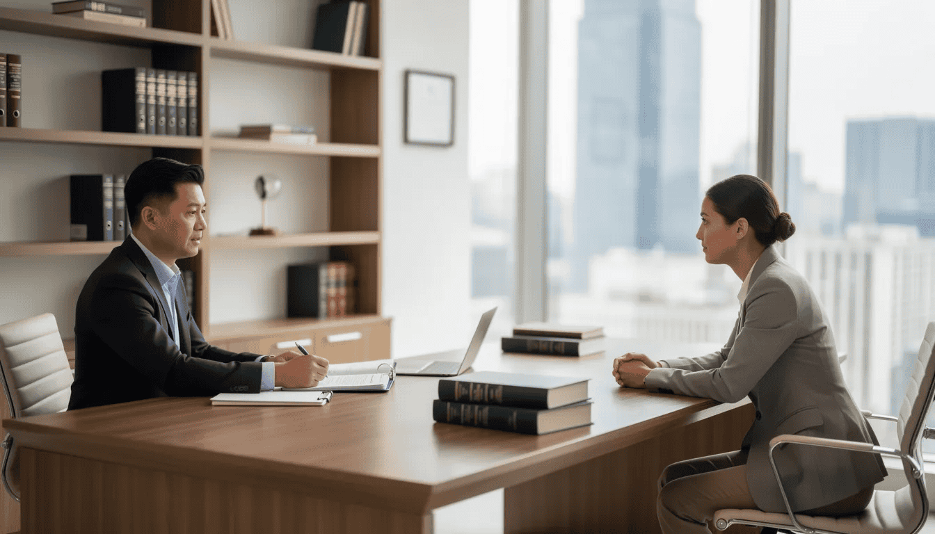 The image depicts a professional meeting between an attorney and a client in a modern law office, where they discuss important aspects of DUI laws in Pennsylvania, including penalties, license suspension, and the implications of blood alcohol concentration levels. The setting conveys a sense of seriousness as they navigate the complexities of legal representation for DUI offenders.