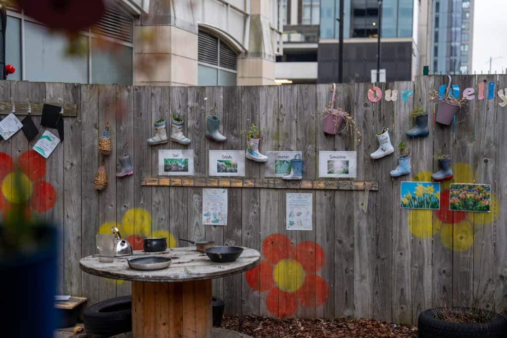 Playful nursery wall display with children's artwork and decorations at Thrive Childcare, Holyrood Nursery Princes Dock, creating a vibrant and engaging environment for young children.