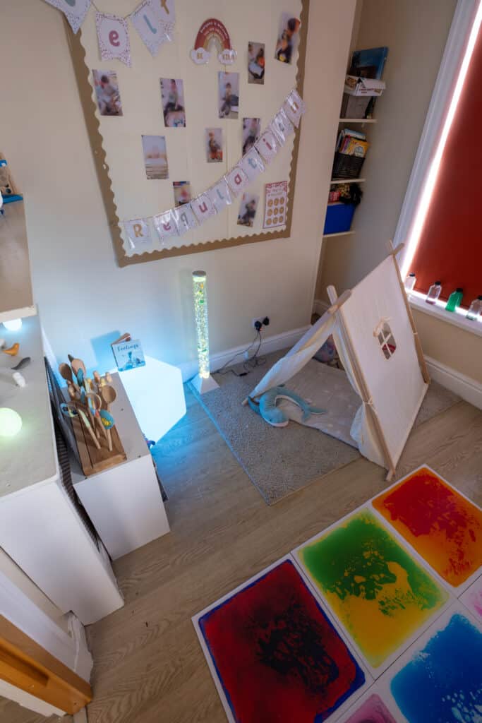 1. Bright and engaging child’s sensory room at Thrive Childcare, featuring soft lighting, colourful artwork, and sensory play equipment for toddler development and early childhood education.