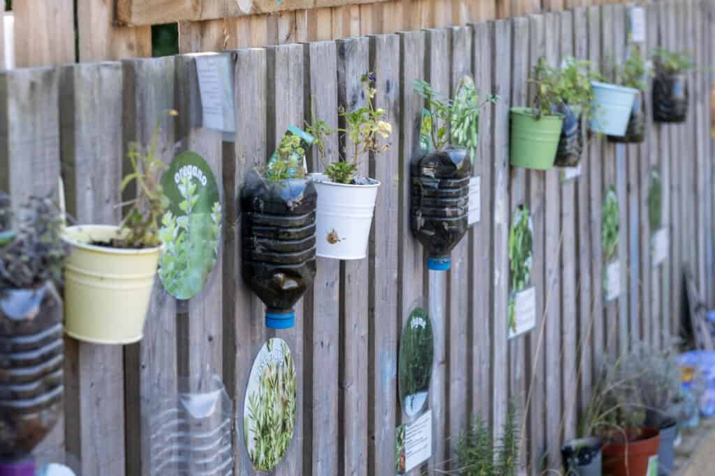 Vibrant children’s garden with potted plants and educational plant plaques at Thrive Childcare centre in the UK.
