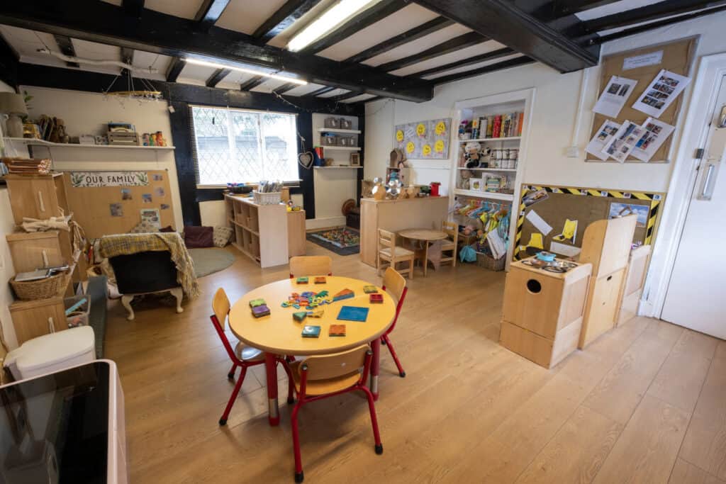 Bright and welcoming childcare indoor play area with educational toys, soft seating, and reading nooks, perfect for nurturing early childhood development and creating a safe learning environment.