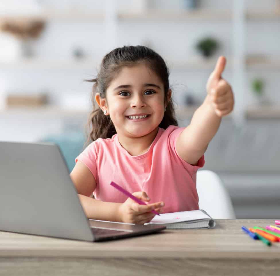 Bright smiling girl giving a thumbs up at a preschool or childcare centre, representing positive early childhood education and care, with Thrive Childcare branding.
