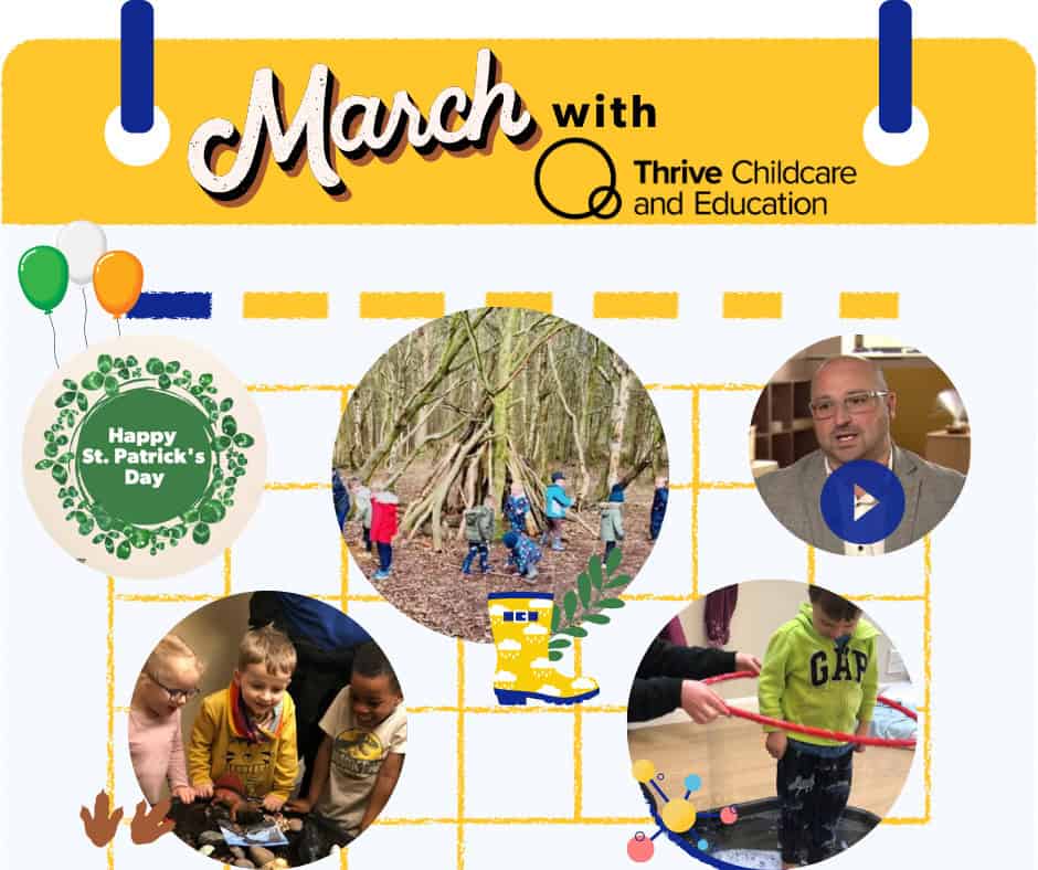Children playing outdoors in a woodland setting at Thrive Childcare and Education; promoting early childhood development and outdoor activities in a nurturing environment.